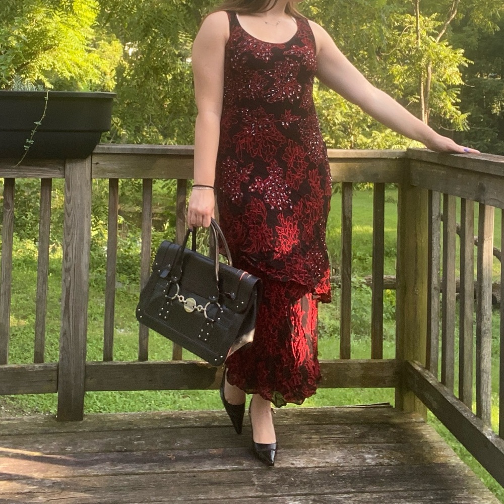 MaJick Vintage Y2K Black & Red Floral Beaded whimsigoth dark Evening Midi Dres